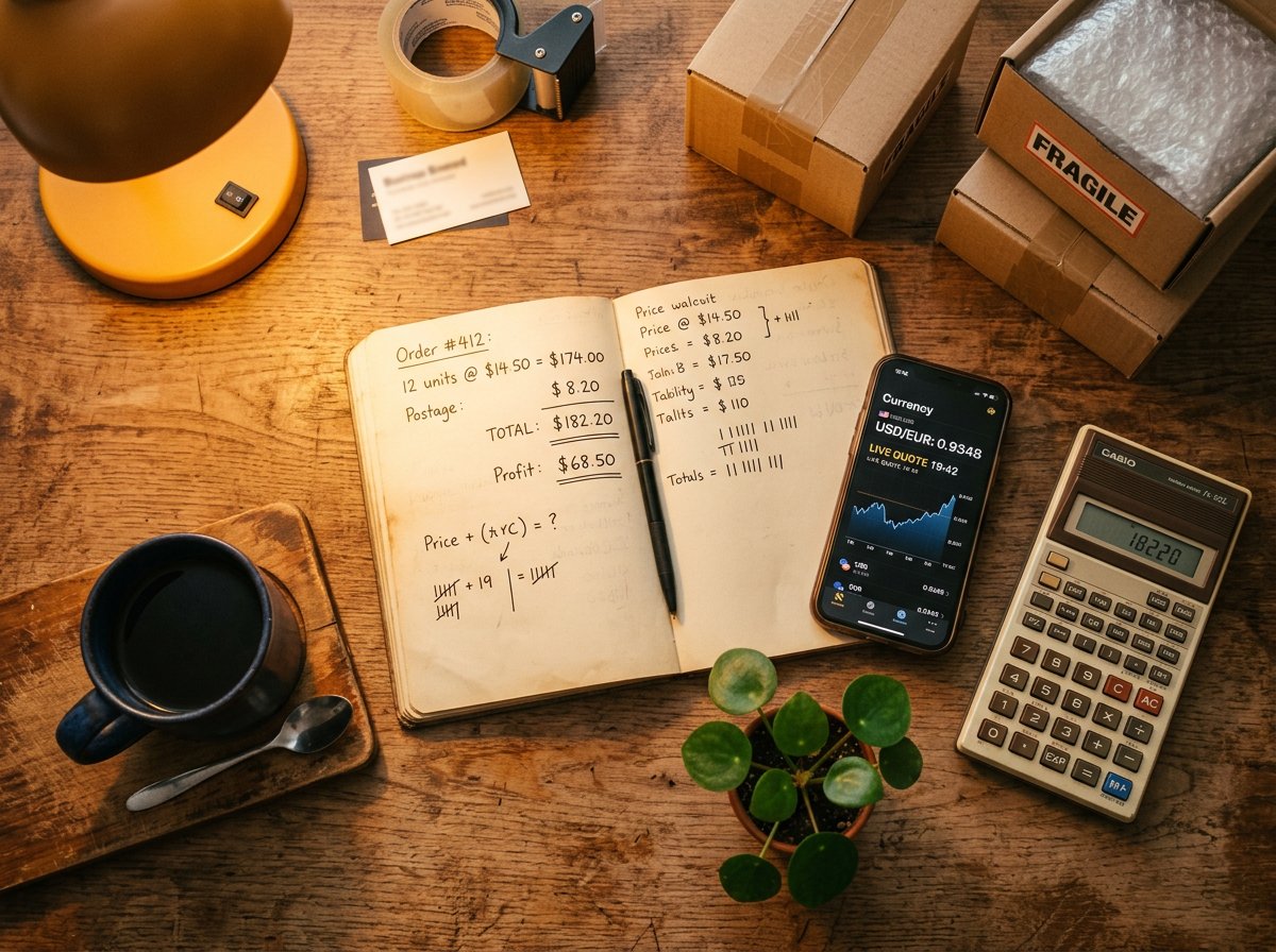 Mesa de trabalho de um pequeno importador com notas, caixas e calculadora